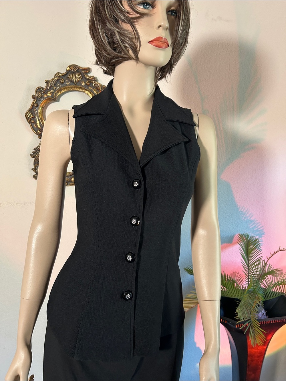 Sleeveless Black Button-Front Vest Top